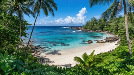 Fototapeta premium Tropical paradise beach with turquoise water, palm trees, and lush vegetation. Tranquil bay scene