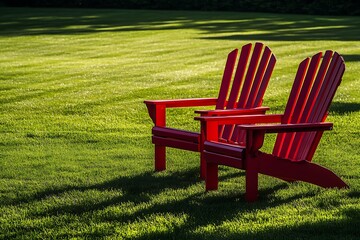 Two Red Adirondack Chairs Sit on Vivid Green Lawn; Sunny, Outdoors, Serene