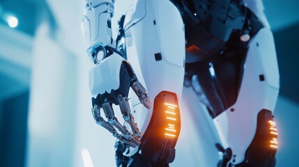 An AI powered robotic exoskeleton assisting with rehabilitation in a futuristic physical therapy clinic, glowing mobility enhancement interface, real-time progress tracking