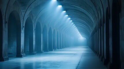 Obraz premium Haunting underground catacomb tunnel filled with an eerie mist creating an ominous and atmospheric ambiance The long shadowy passageway is lined with mysterious archways
