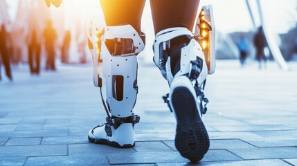Fototapeta premium An AI powered robotic exoskeleton helping individuals with mobility impairments walk, adjusting movement assistance based on real-time feedback, glowing exoskeleton interface
