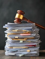 Gavel on high stack of legal documents.