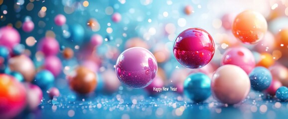 festive new year celebration with colorful glossy spheres sparkling on a bright cyan surface creating a whimsical and joyful atmosphere