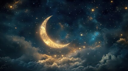 Fototapeta premium Beautiful Crescent Moon Shining Brightly Among Twinkling Stars and Wispy Clouds at Night