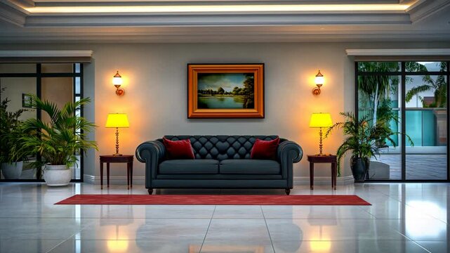 mock up ,Stylish luxury room interior with furniture template, black leather Capitone sofa with red cushion in big room with big glass windows