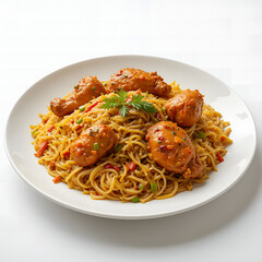 Spicy and delicious noodles with chicken pieces 