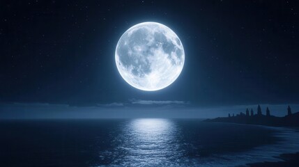 Bright Full Moon Illuminating Calm Ocean Waters Under Starry Night Sky