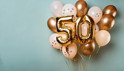 Banner with 50 number golden balloons with pastel background, copy space. Generated image
