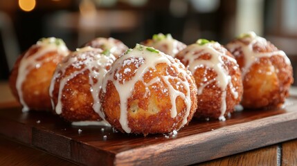 Golden-fried arancini balls, topped with white sauce, rest on a wooden board. Showcase Italian cuisine and appetizers for menus, blogs, and websites.