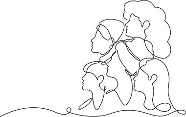 Multicultural Sisterhood, Celebrating International Women's Day with Equality, Solidarity, and Cooperation. Editable Continuous Line Drawing Vector Illustration