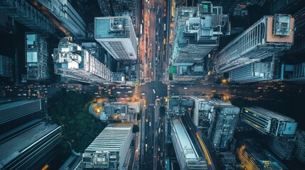 Obraz premium Aerial view of a bustling cityscape at dusk, featuring dense urban development