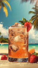 Exotic berry and citrus drink in a glass with ice by the ocean.
