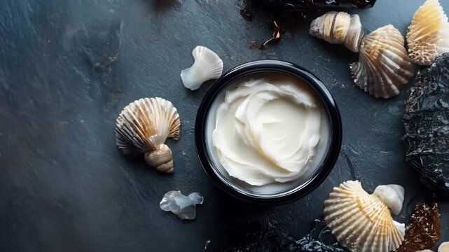 A beautifully arranged composition featuring an open jar of rich, creamy skincare product surrounded by natural seashells and seaweed on a dark, textured stone background. 