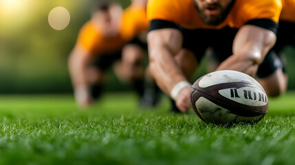 Rugby sports and men tackle for ball on field for match practice and game in tournament or competition Fitness teamwork and players playing on grass for exercise training and performance to win