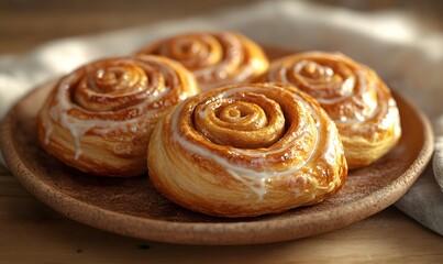 Fototapeta premium freshly baked cinnamon Danishes arranged on a rustic ceramic plate, Generative AI