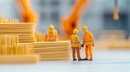 Miniature construction workers discuss plans beside stacks of materials in a vibrant, industrial setting, showcasing teamwork and industry.