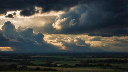 Fototapeta premium Dramatic Sky with Dark Storm Clouds Looming Over a Peaceful Countryside Nature Weather Landscape