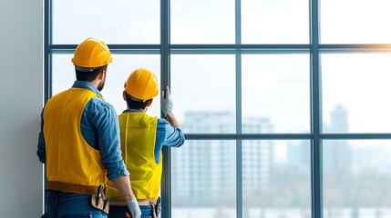 Two construction workers in hard hats and safety vests install glass panels in a modern building, showcasing urban development and teamwork.