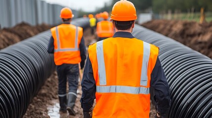 Construction workers in safety gear install large black pipes in a trench, showcasing teamwork and infrastructure development.