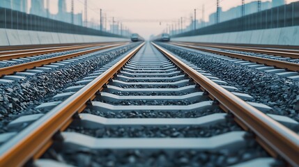 Fototapeta premium A close-up view of railway tracks stretching into the distance, surrounded by gravel, leading towards an urban skyline.