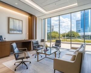 Fototapeta premium Executive corporate office meeting room interior with panoramic city view.