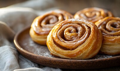 freshly baked cinnamon Danishes arranged on a rustic ceramic plate, Generative AI
