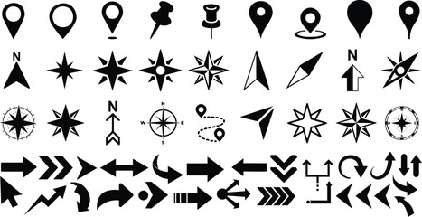 Navigation icons, compass rose symbols, and directional arrows in a black silhouette vector set. Includes map pins, location markers, and route indicators, perfect for GPS, travel, and wayfinding desi