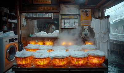 Steaming Bowls of Food on a Rustic Stove in a Dimly Lit Kitchen