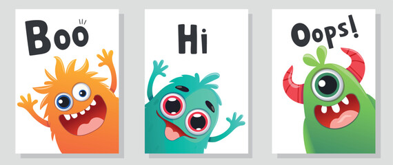 Cute monster card set with. Vector illustration for poster, card, cover.