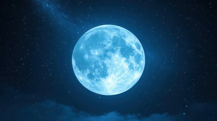 Fototapeta premium Illuminated Blue Moon Glowing Brightly Against Starry Night Sky with Gentle Clouds