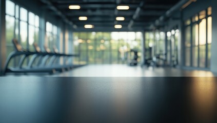 modern fitness center blurred backdrop featuring sleek gym equipment and ample natural light illuminating the space