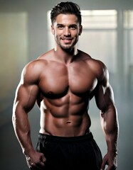 A handsome man with dark hair, muscular body in a gym