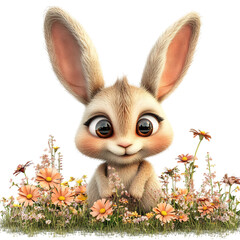 A Cute 3D Cartoon Rabbit with Big Ears Isolated on Transparent Background