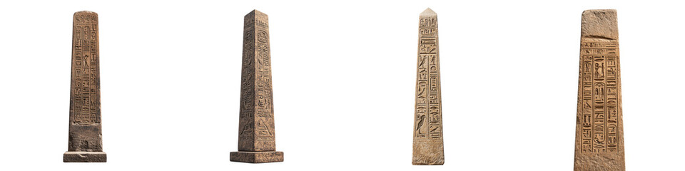 Intricately carved ancient Egyptian obelisks featuring ornate hieroglyphic inscriptions standing as historical monuments and cultural relics from a bygone civilization