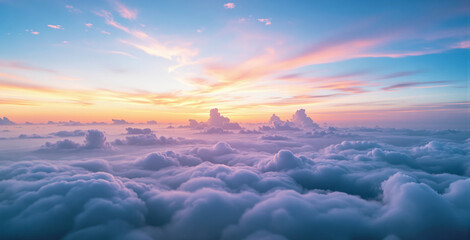 Dreamy cloudscape with soft pastel hues of pink, orange, and blue during sunset, creating a serene nature background with a bright atmosphere. Ai generative