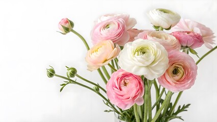 Obraz premium Soft Pastel Ranunculus Flowers in a Bunch, Isolated on a White Background, featuring delicate, layered petals, perfect for romantic and wedding decor, Clean and Delicate Floral Stock Photo 