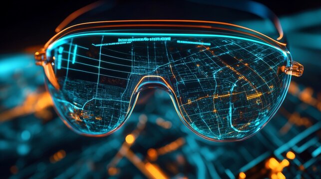 An AI powered smart glass system providing real time information and navigation on lenses, overlaying digital maps on the user’s view, glowing display interface