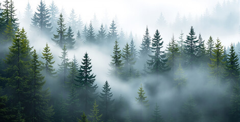 Fototapeta premium Dense pine forest covered in mist, creating a serene nature landscape. The fog adds depth to the background, enhancing the peaceful ambiance. Ai generative