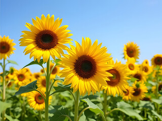 Obraz premium Vibrant Sunflower Field Under Blue Sky Summer Bloom, Nature's Beauty, Floral Paradise.