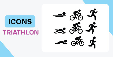 This set of vector icons displays the three disciplines of a triathlon: swimming, cycling, and running. Simple Black Triathlon Icons Set for Sports Design