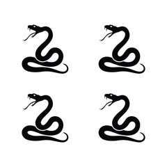 Obraz premium Four aggressive snake silhouettes against a white background. Four simple, black silhouette images of snakes, open-mouthed and poised in an aggressive posture, set against a plain white background.