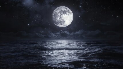 Full Moon Illuminating Ocean Waves Under Starry Night Sky Creating Serene Atmosphere