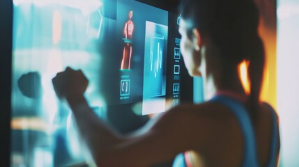 An AI powered smart mirror displaying fitness data and health statistics in real time while providing personalized workout feedback, glowing health interface, real-time tracking of performance