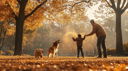 Heartwarming autumnal scene: Father, son, and dogs enjoying playtime in the park