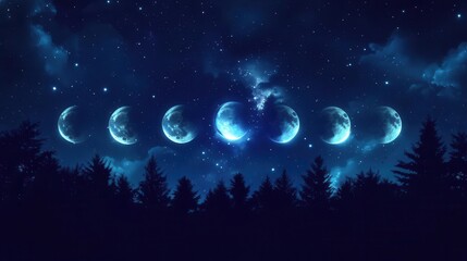Phases of the Moon Illuminating a Starry Night Sky Above a Dark Forest Silhouette