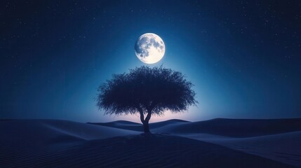 Silhouette of a Lone Tree Under a Bright Moon in a Starry Desert Landscape at Night