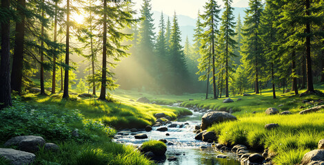 Obraz premium Serene nature landscape with a bright sunlit forest, a gently flowing stream, and lush green grass, creating a peaceful and refreshing background. Ai generative