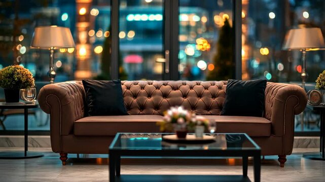  mock up ,Stylish luxury room interior with furniture template, brown leather capitone sofa with black cushion look elegance in big room