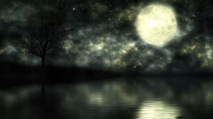 Naklejka premium Eerie Night Scene with Full Moon and Reflection on Calm Water Surrounded by Silhouetted Trees