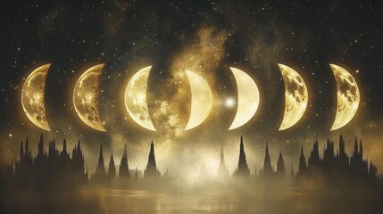 Phases of the Moon Over a Mystical Skyline at Night with Stars and Glowing Atmosphere